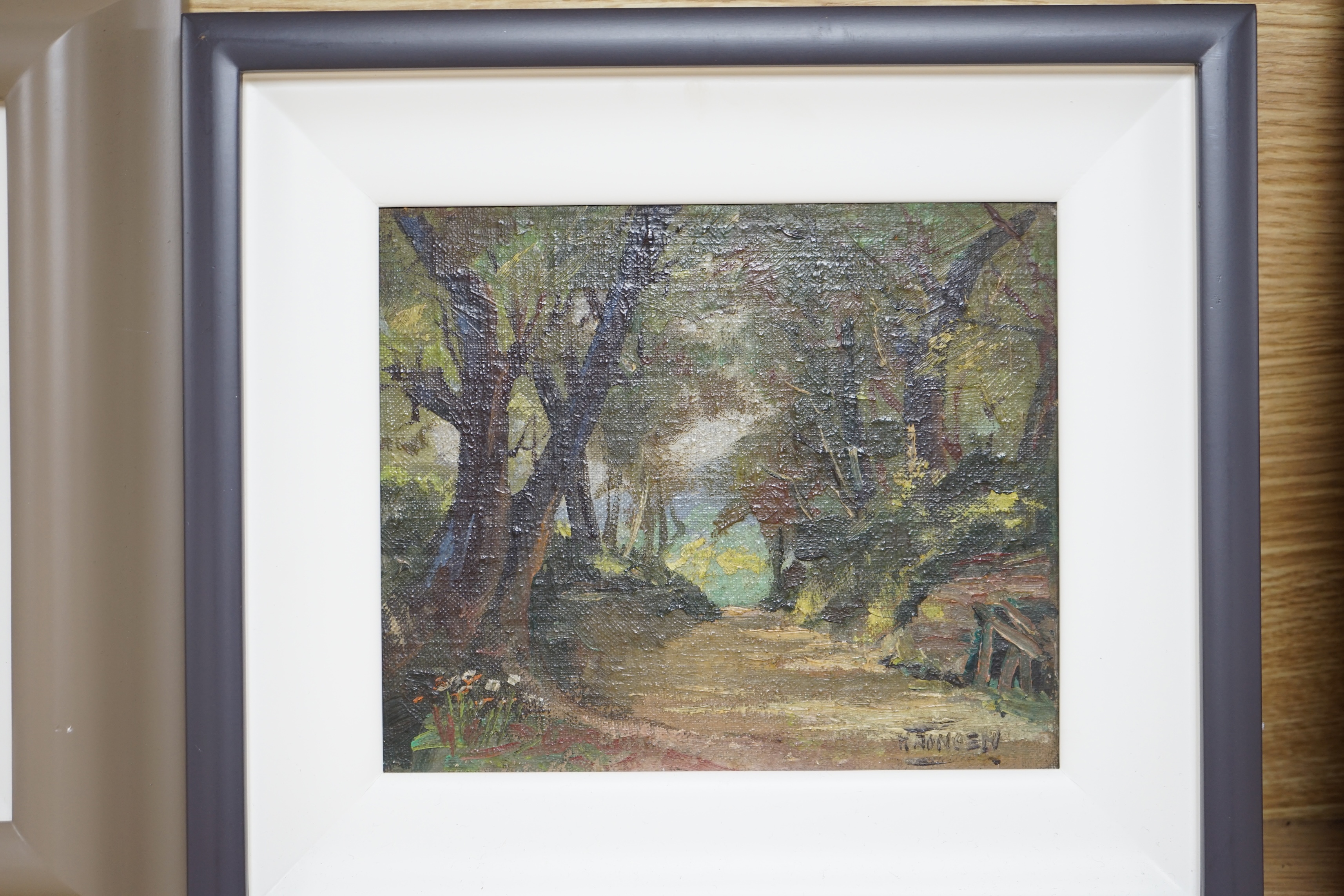 Three contemporary oils on board, Woodland scenes, one signed with initials P.H, 16 x 23cm. Condition - good